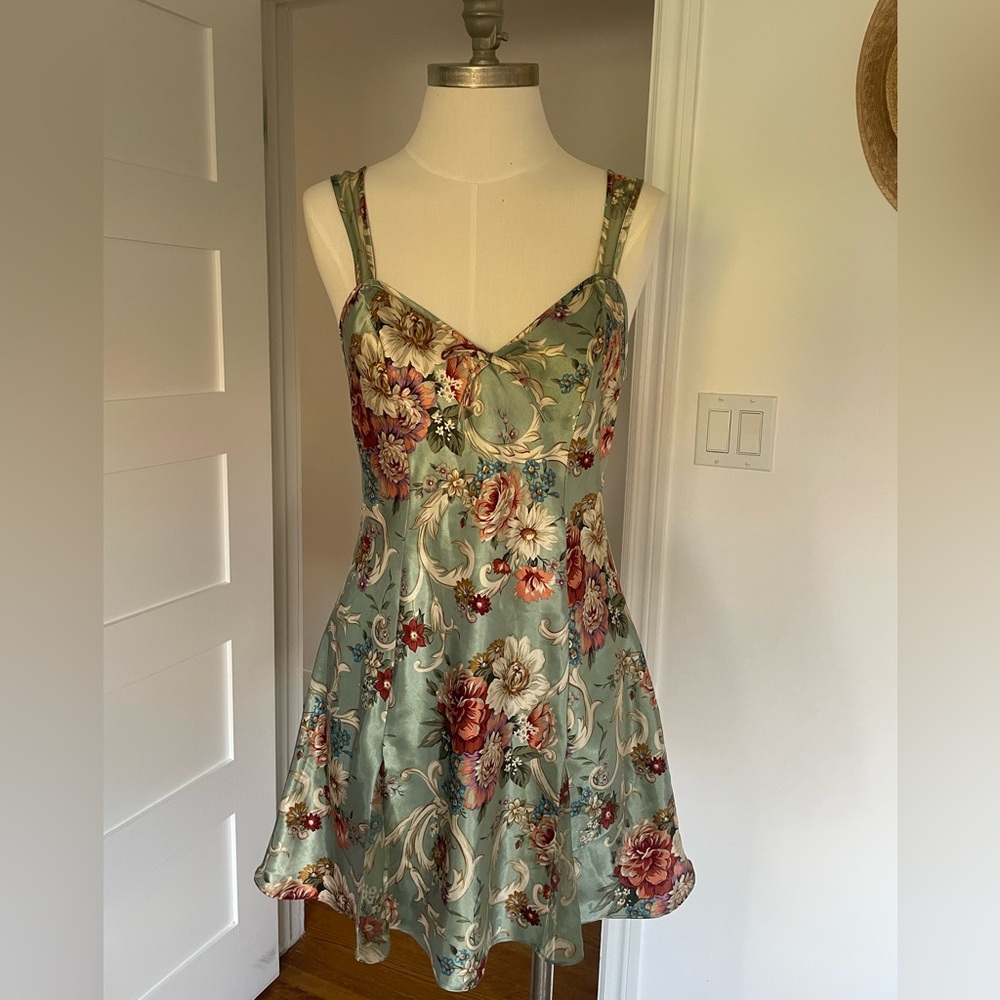 Floral Satin Slip Dress - Sage Green - Picture 2 of 6